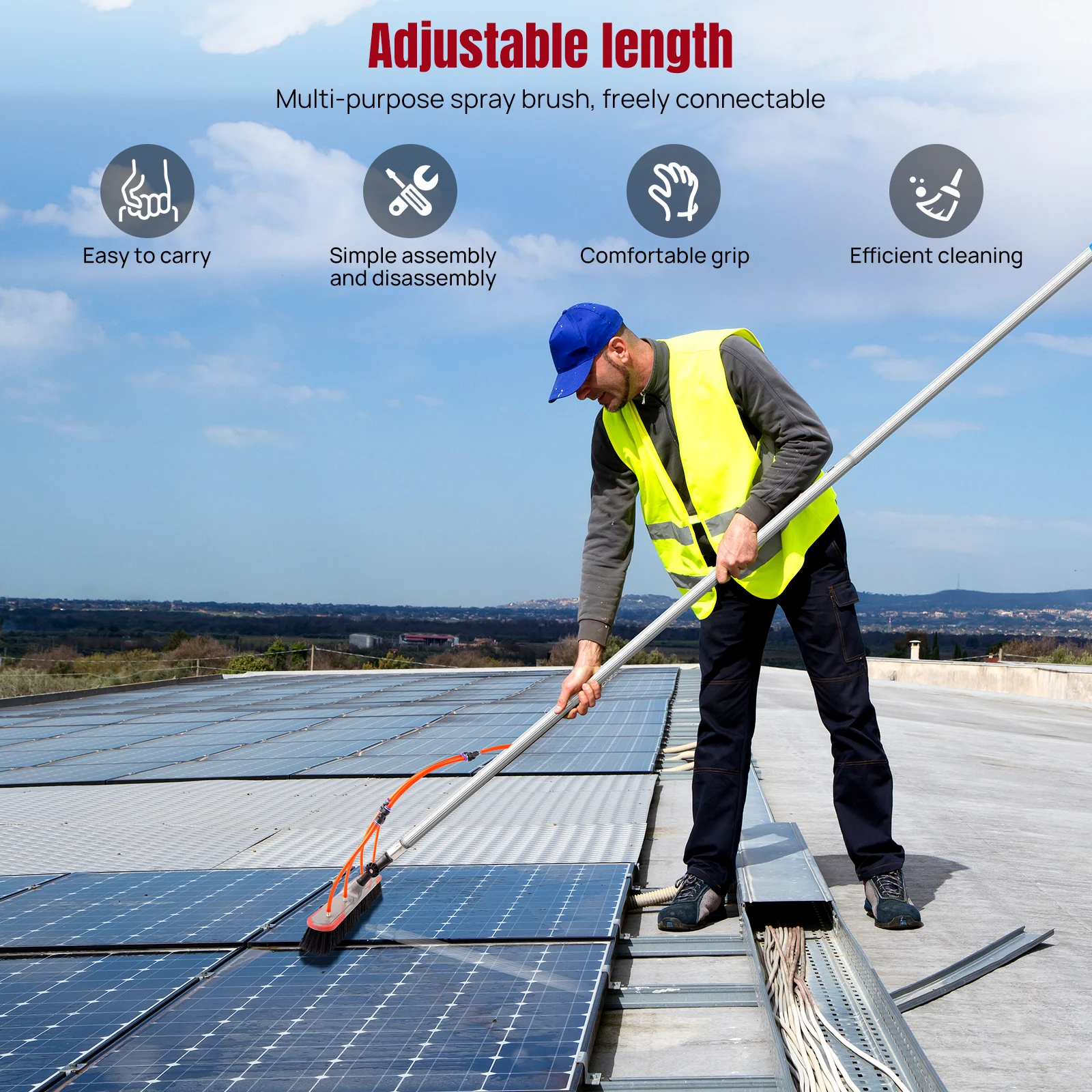Solarpanel-Reinigungsbürste mit Wasserzufuhr, 1,4-7M Teleskop-Aluminiumstange, Wasserfluss-Waschbürste, verstellbarer Winkel, für PV-Module, hohe Fenster, Villen, Dächer, Gebäudefassaden, Werbetafeln,