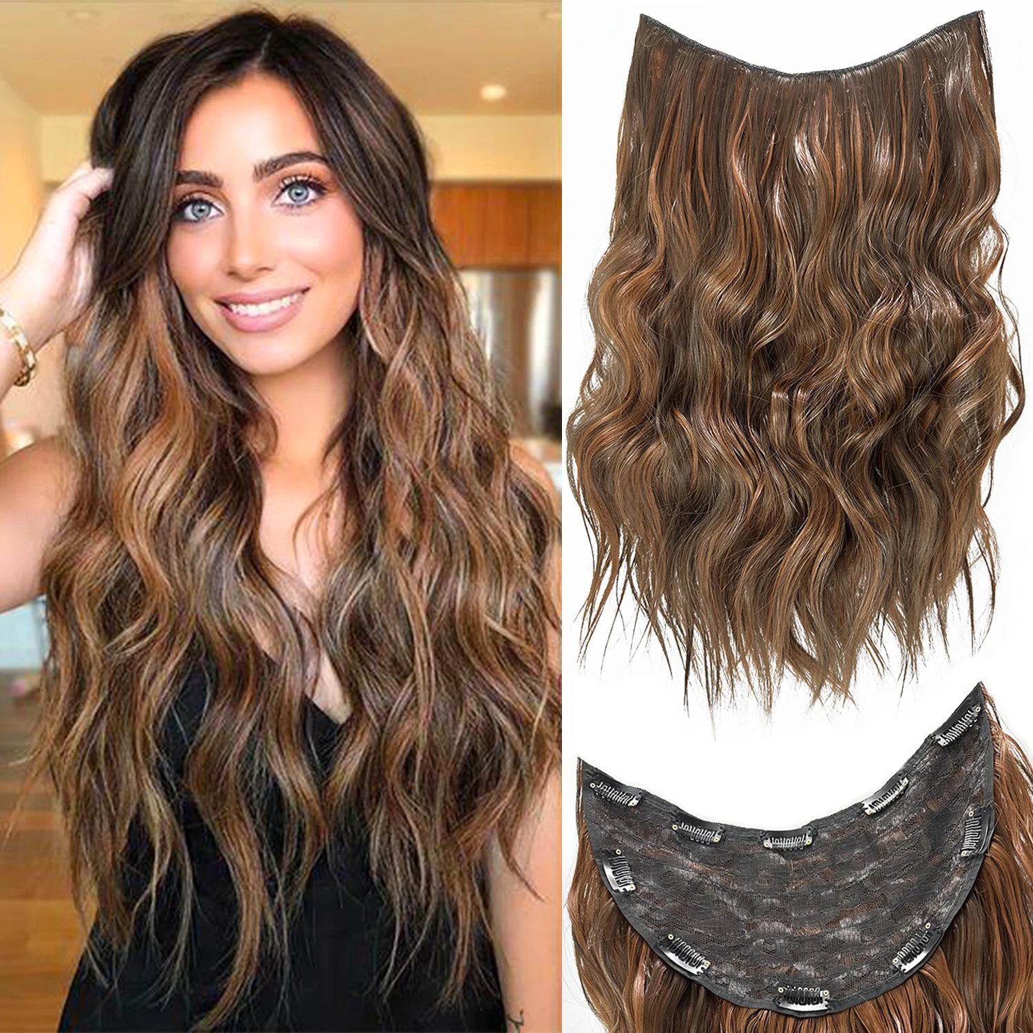 22 Inch Synthetic Long Wavy U-Shaped 10 Clip One Piece Hair Extensions Black Brown Hair Accessories Suitable For Women To Wear