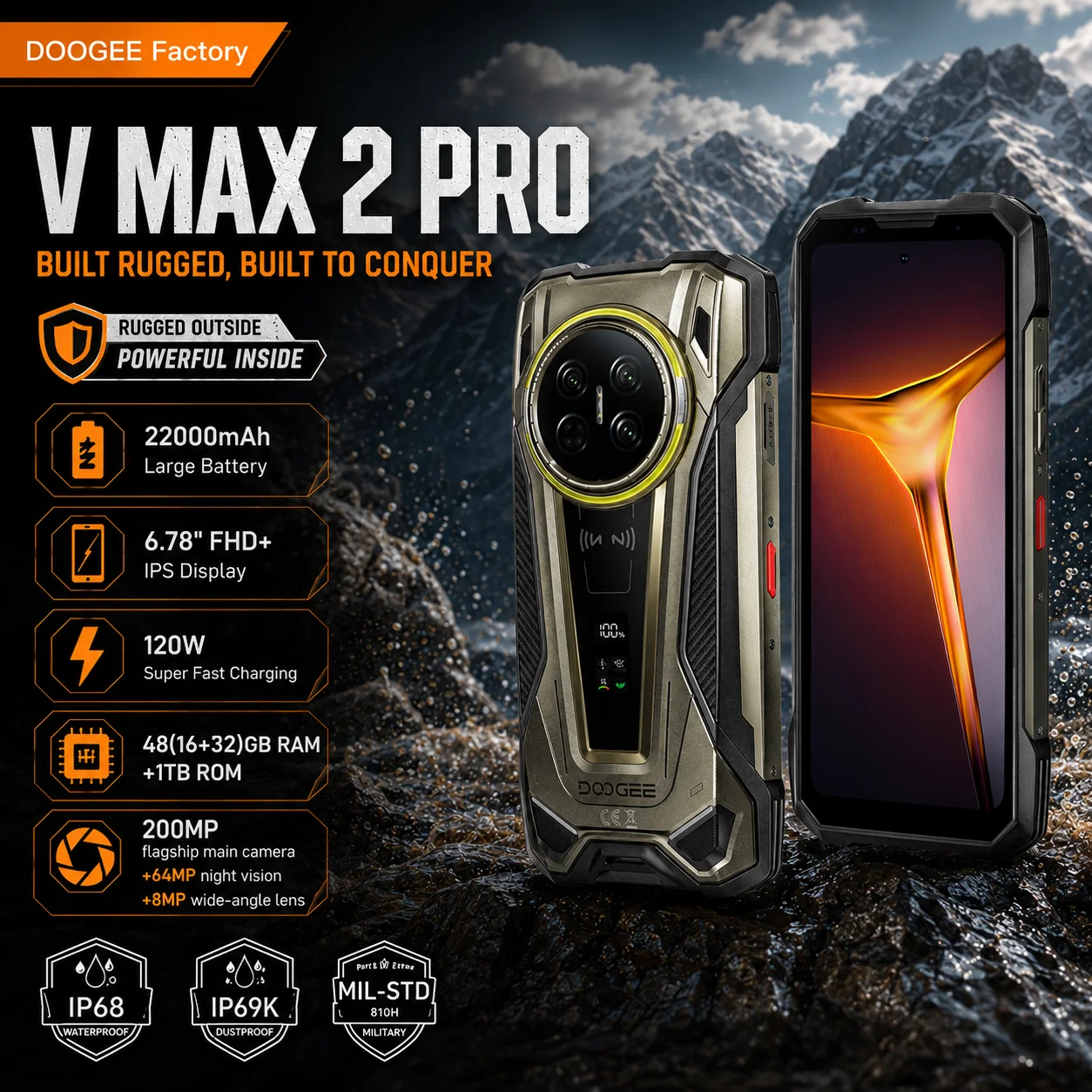 Глобальная версия защищенного смартфона DOOGEE V Max 2 Pro на базе Android 16, 6,78-дюймовый FHD+ дисплей, 48 ГБ + 1 ТБ памяти, аккумулятор 22000 мАч, 200 Мп, NFC 120 Вт. Глобальная версия защищенного смартфона DOOGEE V Max 2 Pro на базе Android 16, 6,78-дюймовый FHD+ дисплей, 48 ГБ + 1 ТБ памяти, аккумулятор 22000 мАч, 200 Мп, NFC 120 Вт.