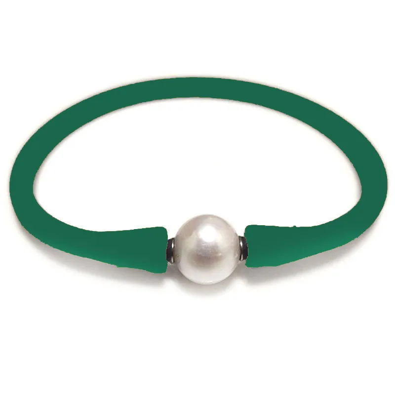 7 inches 10-11mm Natural Round Pearl Emerald Rubber Silicone Bracelet