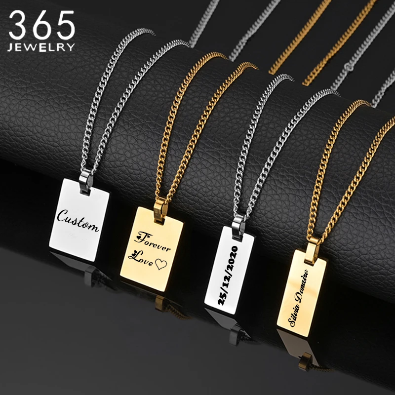 Simple Rectangle Custom Stainless Steel Engrave Name Necklace For Men Square Pendant Date DIY Necklaces Male Jewelry Gift