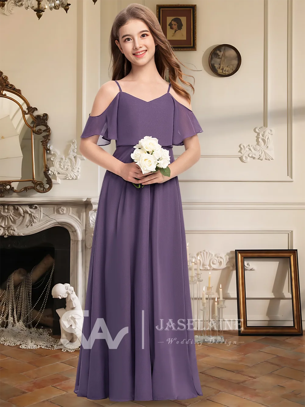 Элегантное платье подружки невесты из шифона с открытыми плечами длиной до пола, платье с цветочным узором для девочек, трапециевидное платье на тонких бретельках для девочек, торжественное мероприятие