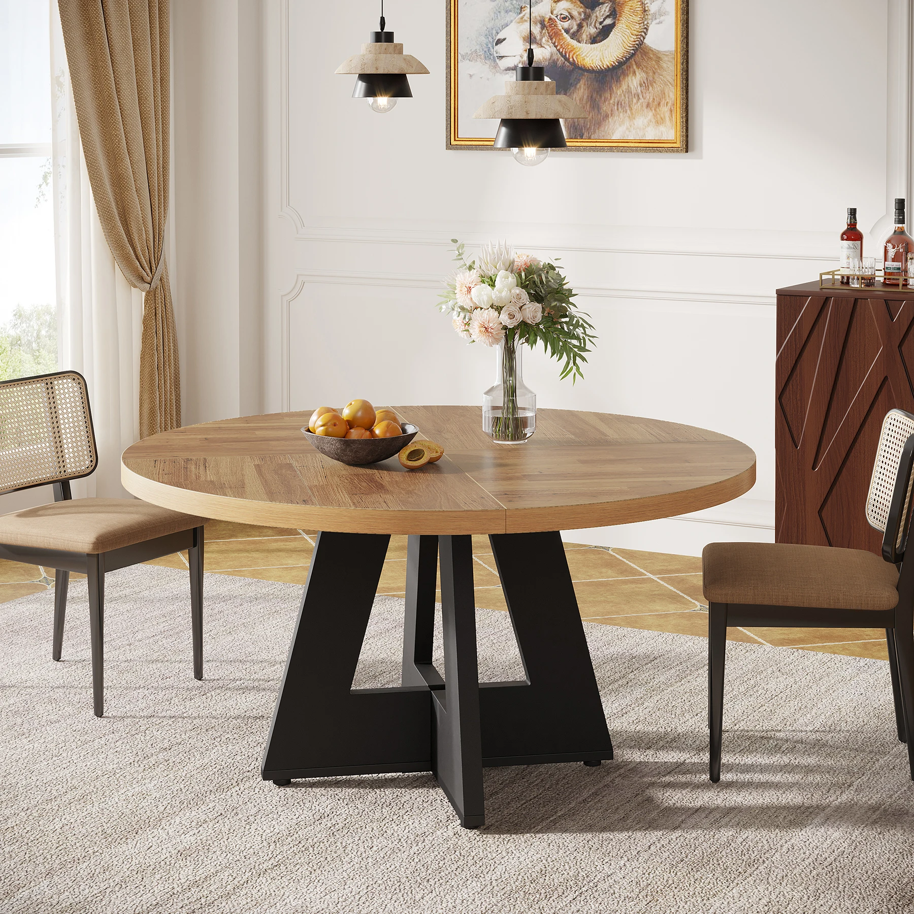 Tavolo da pranzo rotondo in legno della marca Tribesigns, tavolo da cucina per la sala da pranzo, tavolo da pranzo da 47 pollici per 4 persone, tavolo da pranzo in stile rustico con piano in legno e