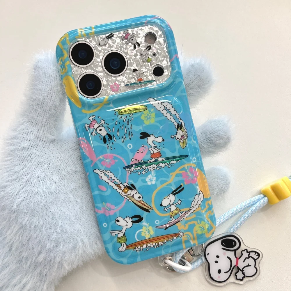 Fashion Cute Cartoon Snoopy Phone Case for iPhone 17 16 Pro Max 15 16 15 Pro 17 Pro Cover Kawaii With Handrope Shockproof Cover