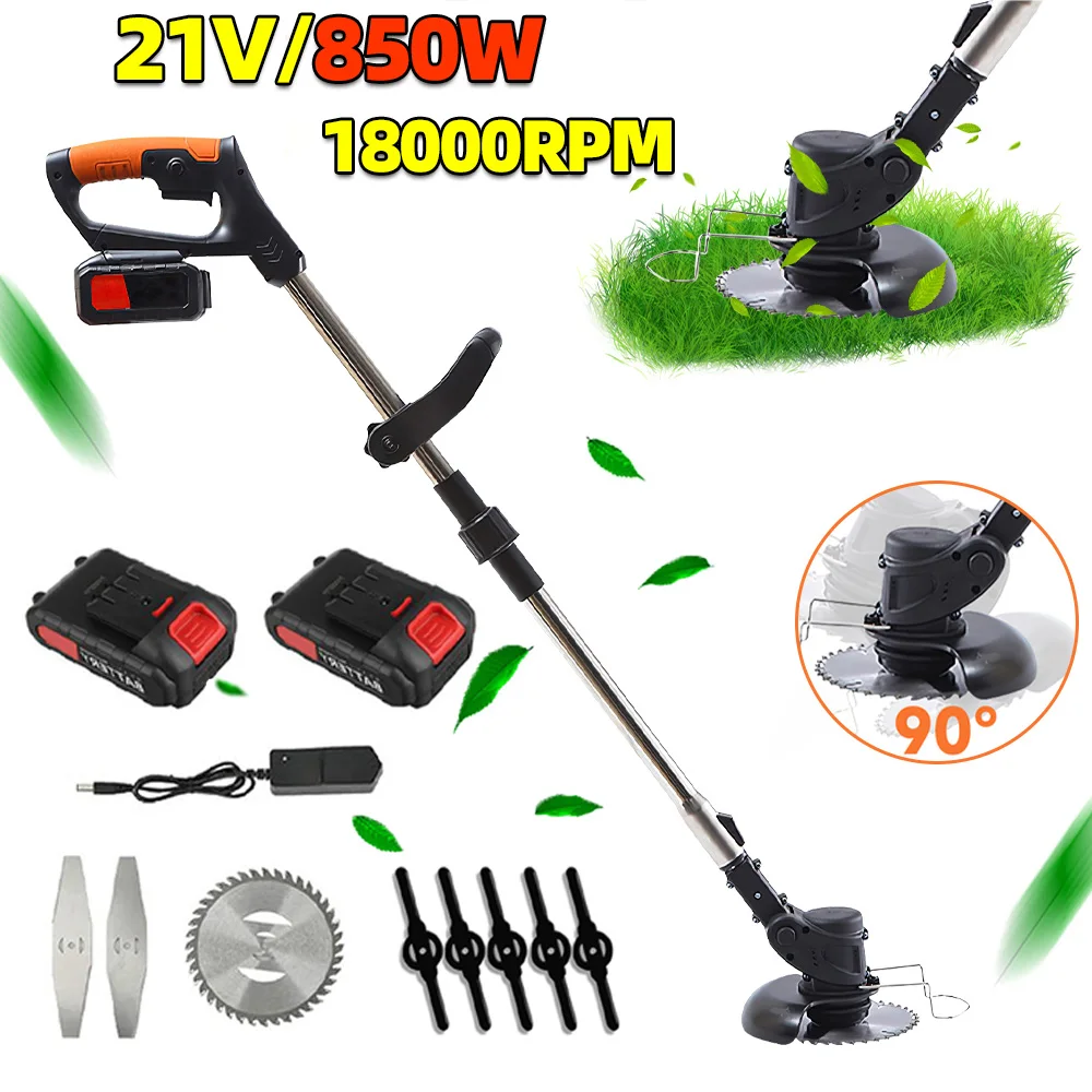 850W Electric Cordless Grass Trimmer 18000PRM Handheld fuel Cup Adjustable Weeder Garden Tool With 2PCS 21V Battery