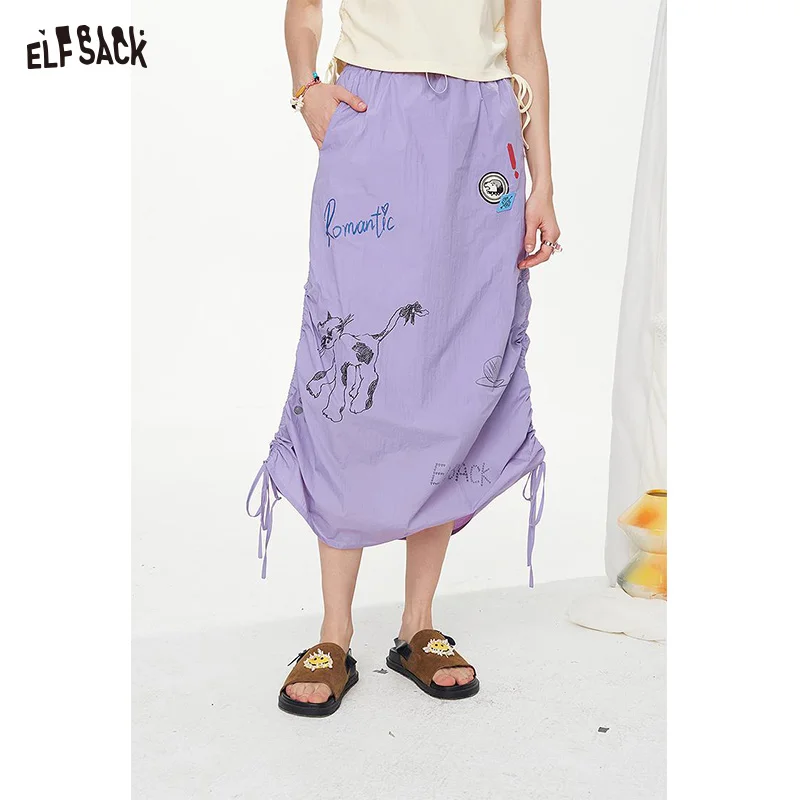 ELFSACK 2025 Summer New Arrivals Graffiti Pattern Drawstring  Chic Long Skirt For Women