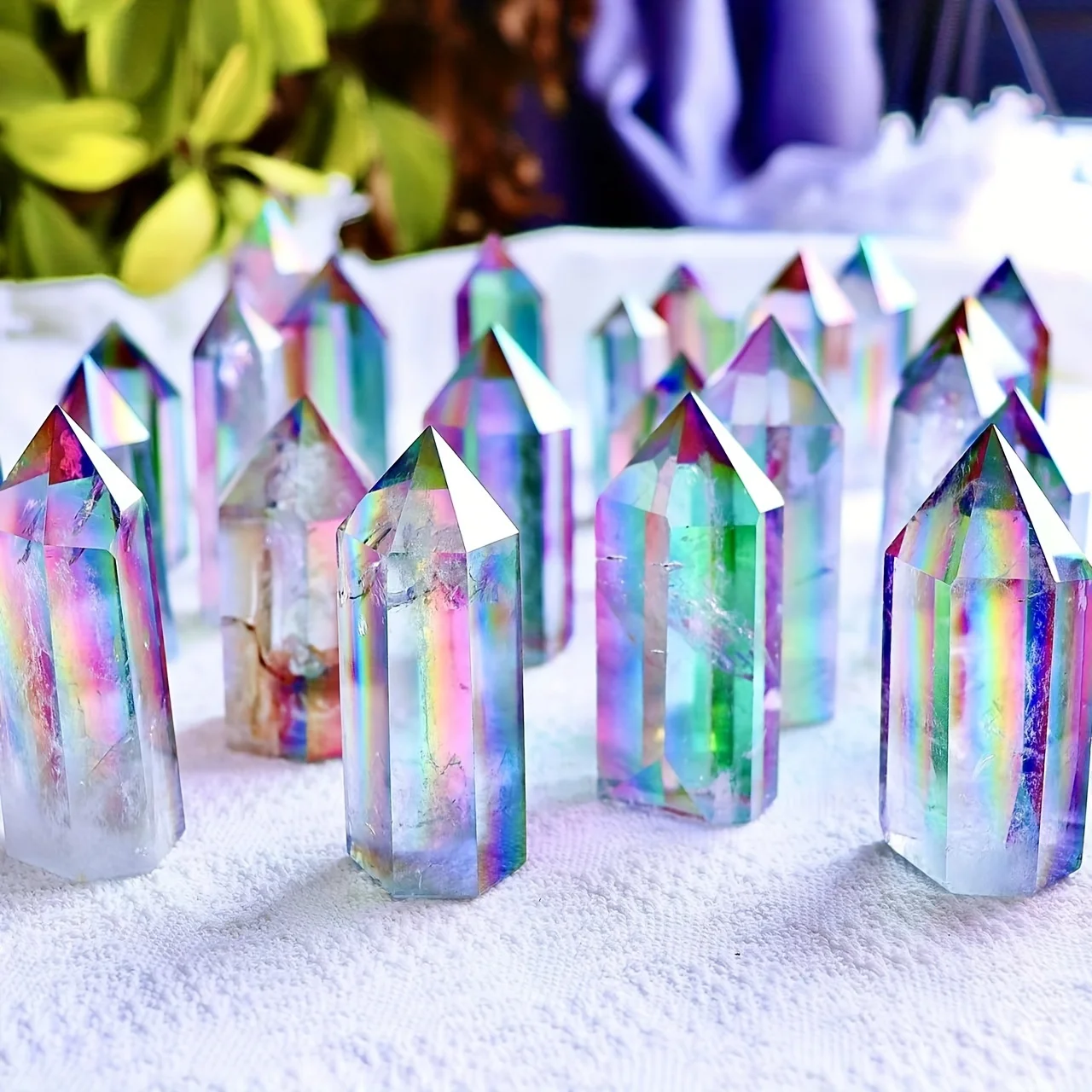 Natural Clear Quartz Aura Crystal Crafts Rainbow Ornaments Electroplating Rainbow Wand Point, White Gem Healing Home Decoration