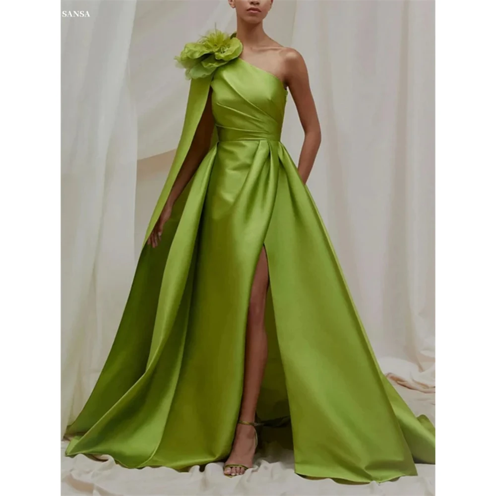 

Sansa Customized Green Side High Split 3D Flower Prom Dresses A-Line One Shoulder Vestidos De Noche Floor-Length Formal Evening
