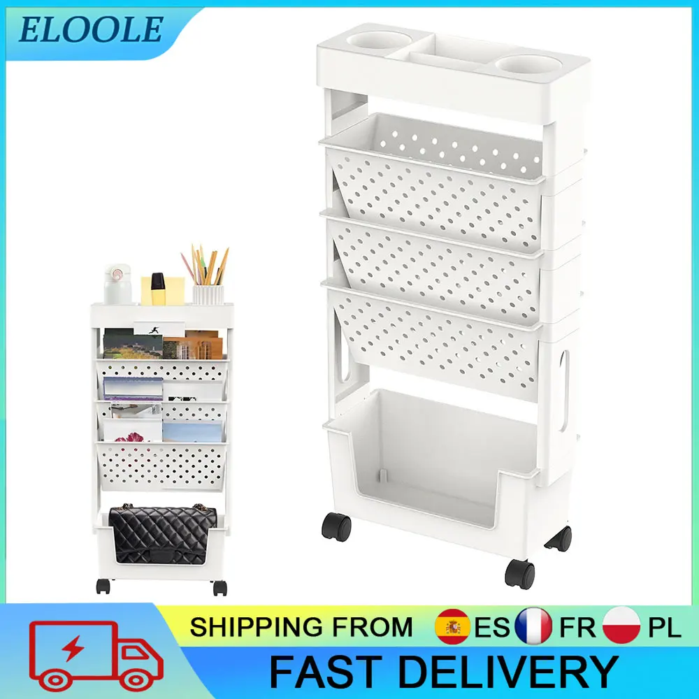 Estantería con ruedas, ruedas con bloqueo, diseño vertical delgado, revistero superior multifuncional para el hogar, oficina, sala de estar, dormitorio, estudio, organizador utilitario para libros y documentos