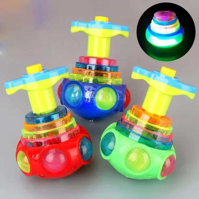 UFO Flashing Spinning Top Kids Gyro Light Up Toy Kids Piggy LED Music Gyroscope Launcher Rotating Toys Fun Birthday Party Favors