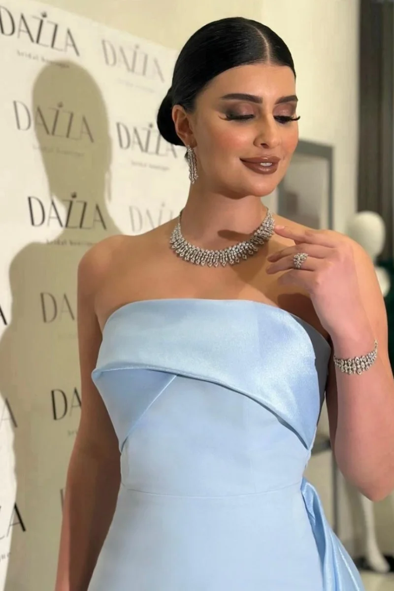 Jessica Sky Blue Evening Dresses Mermaid Off Shoulder Prom Dresses Satin Skirt Elegant Ladies فساتين سهرة Customized