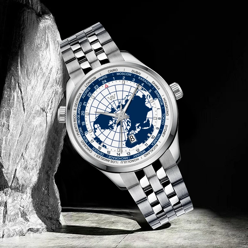 WM Watch World Time Automatic Mechanical Men  Watch 2565 Sapphire Original 100M Water Resistant Welly Merck Man Watches 221M