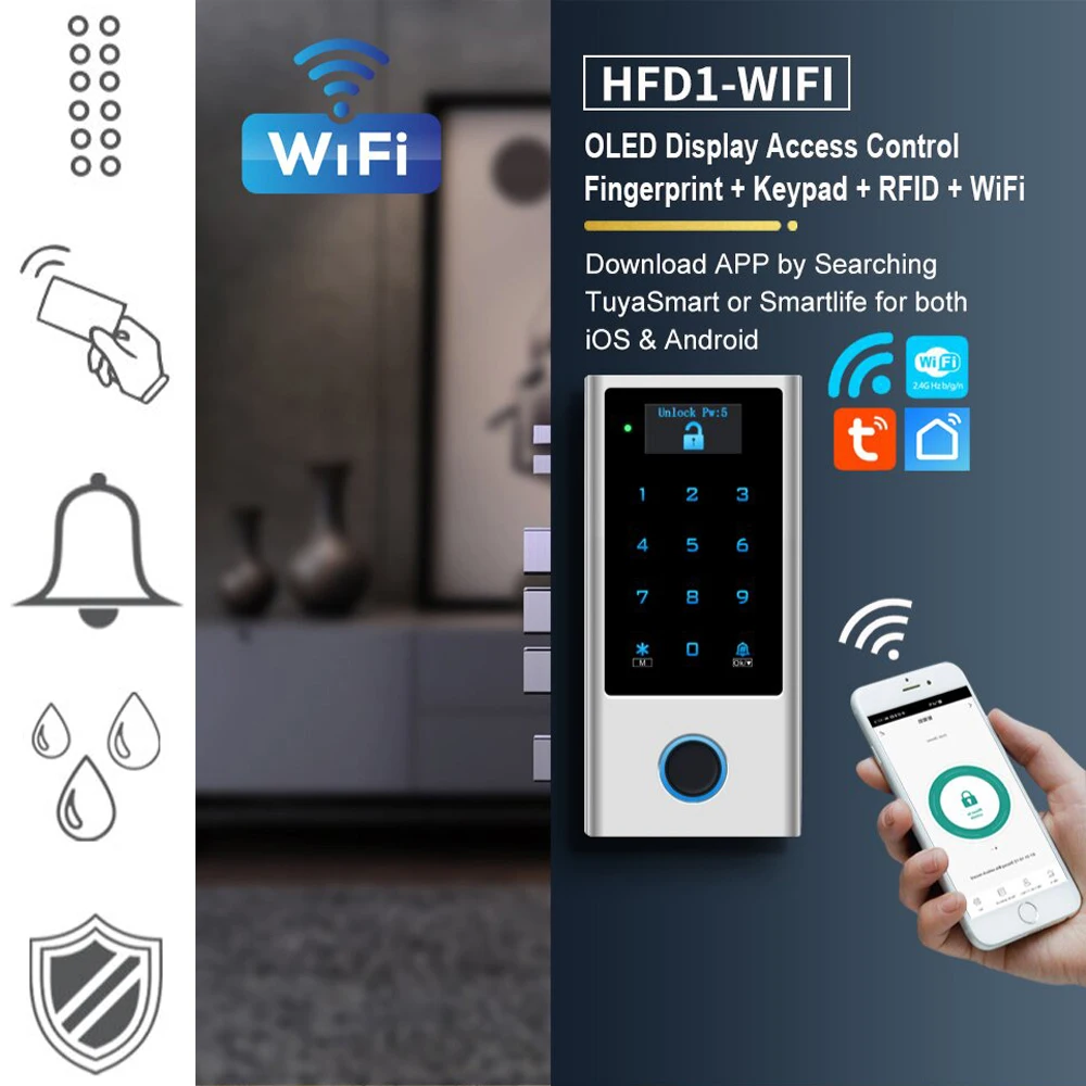 Leshine 500 Users Fingerprint WiFi OLED Display Touch Keypad Access Control EM MF Cards PINs Tuya APP for iOS Android Phone