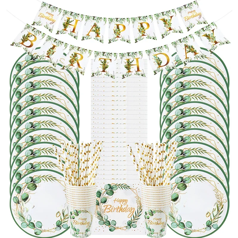 Assiettes en Papier, Tasse, Serviette, Bannière, Décoration de ixd'Anniversaire pour Enfant et Adulte, Cuir oral elu d'Eucalyptus Vert, Poulet Britannique