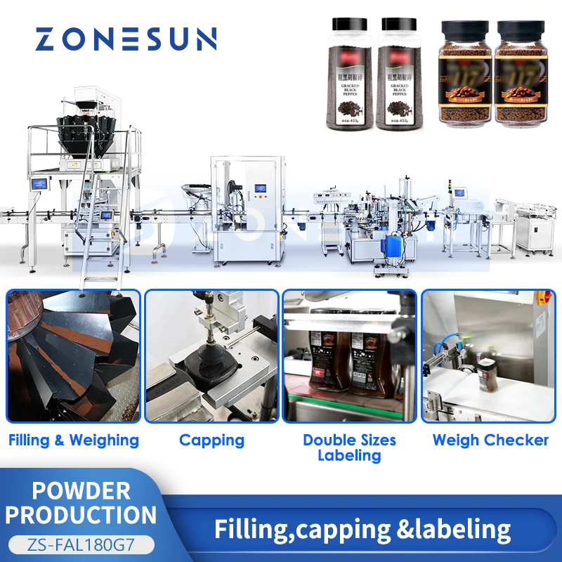 ZONESUN ZS-FAL180G7 التلقائي مسحوق التوابل خط إنتاج القهوة زجاجة ملء السد وضع العلامات وزنها المعدات