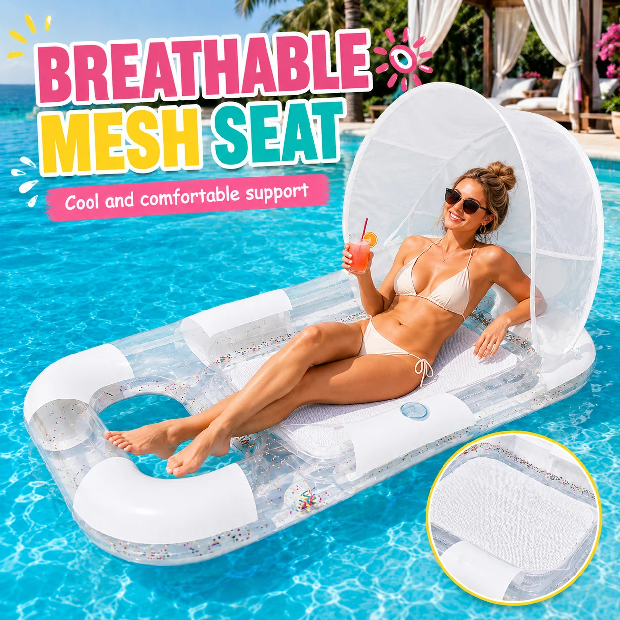 1PC Inflatable Double Pool Float with Canopy Sunshade, Lounger Water Hammock Transparent Confetti Mesh Bed Lounge Raft