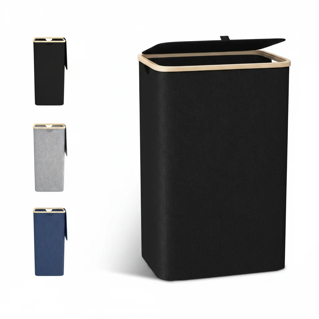 Cesto de ropa delgado de 100L con tapa de bambú, bolsa de lavandería extraíble y lavable, asas y contenedor de ropa que ahorra espacio (Negro)