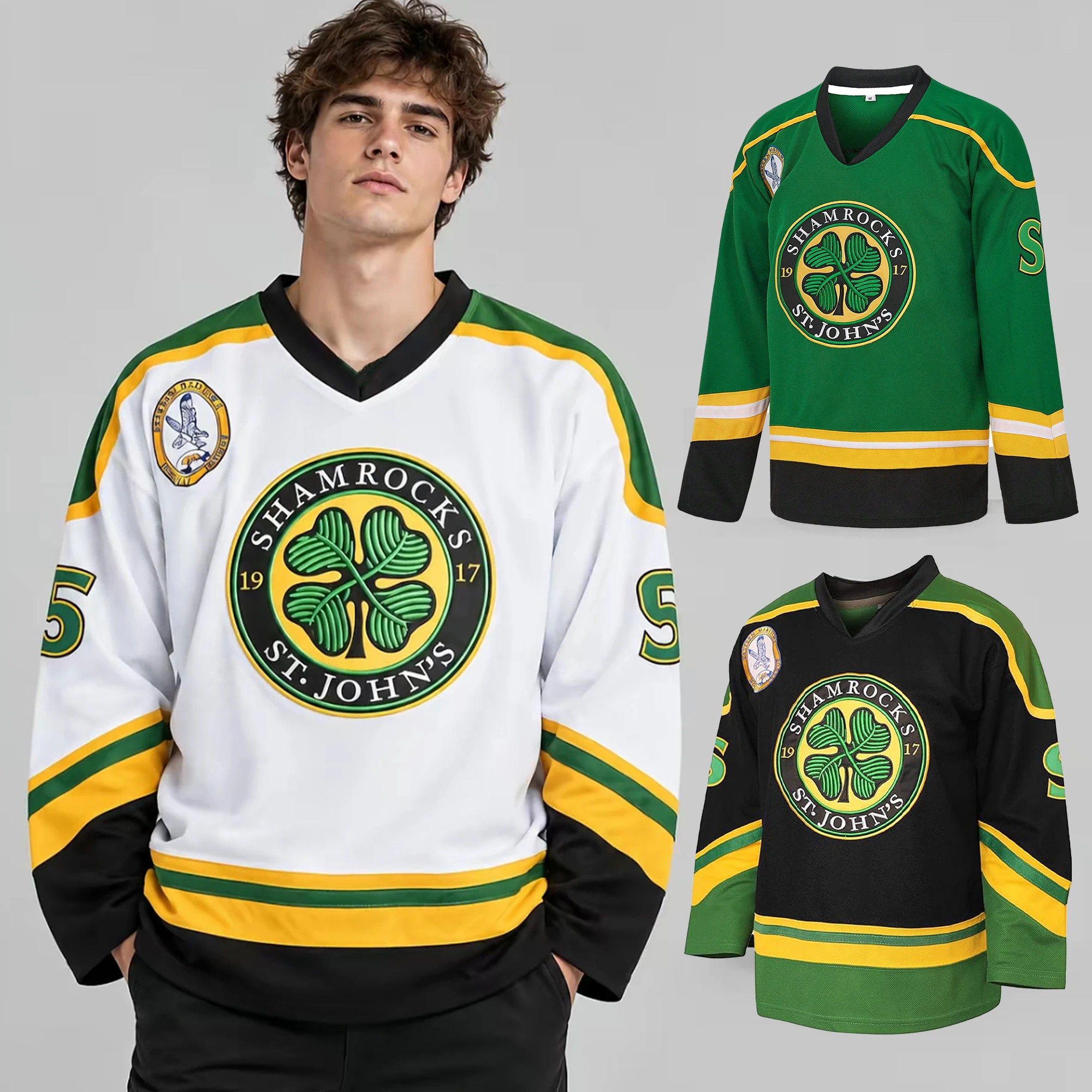 Men's #3 Ross The BOSS Rhea St John's Clovers Embroidered Hockey Jersey, Long Sleeve EMHL Patch Letterkenny Movie Fan Uniform,Halloween Holiday Gift