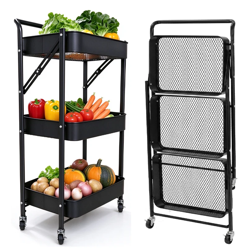 3 Tier Folding Rolling Storage Cart, Metal Mesh Utility Trolley with Handle & Lockable Wheels, Mobile Serving Cart for Snack, Food, Supplies, Perfect for Living Room, Kitchen, Bedroom & Small Space Home Organizati