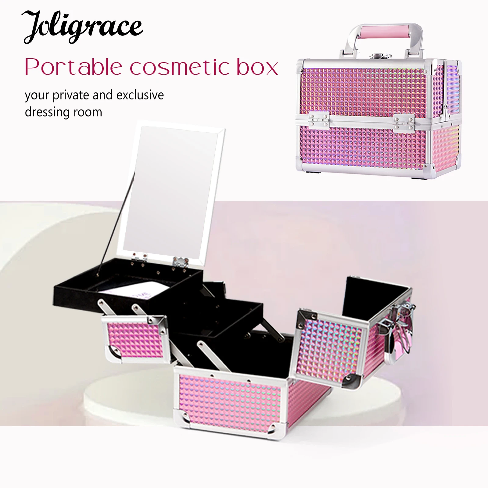 Portable Makeup Case with Mirror 2 Trays Lock Alloy Make-up Suitcase Travel Cosmetic Jewelry Nails Storage Box for Manicure Tech