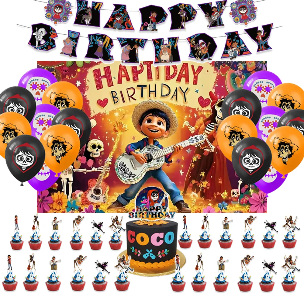 

Coco Birthday Party Decorations Day Of The Dead Backdrop Boy And Music Skeleton Balloon Banner Cake Topper Baby Shower Supplies