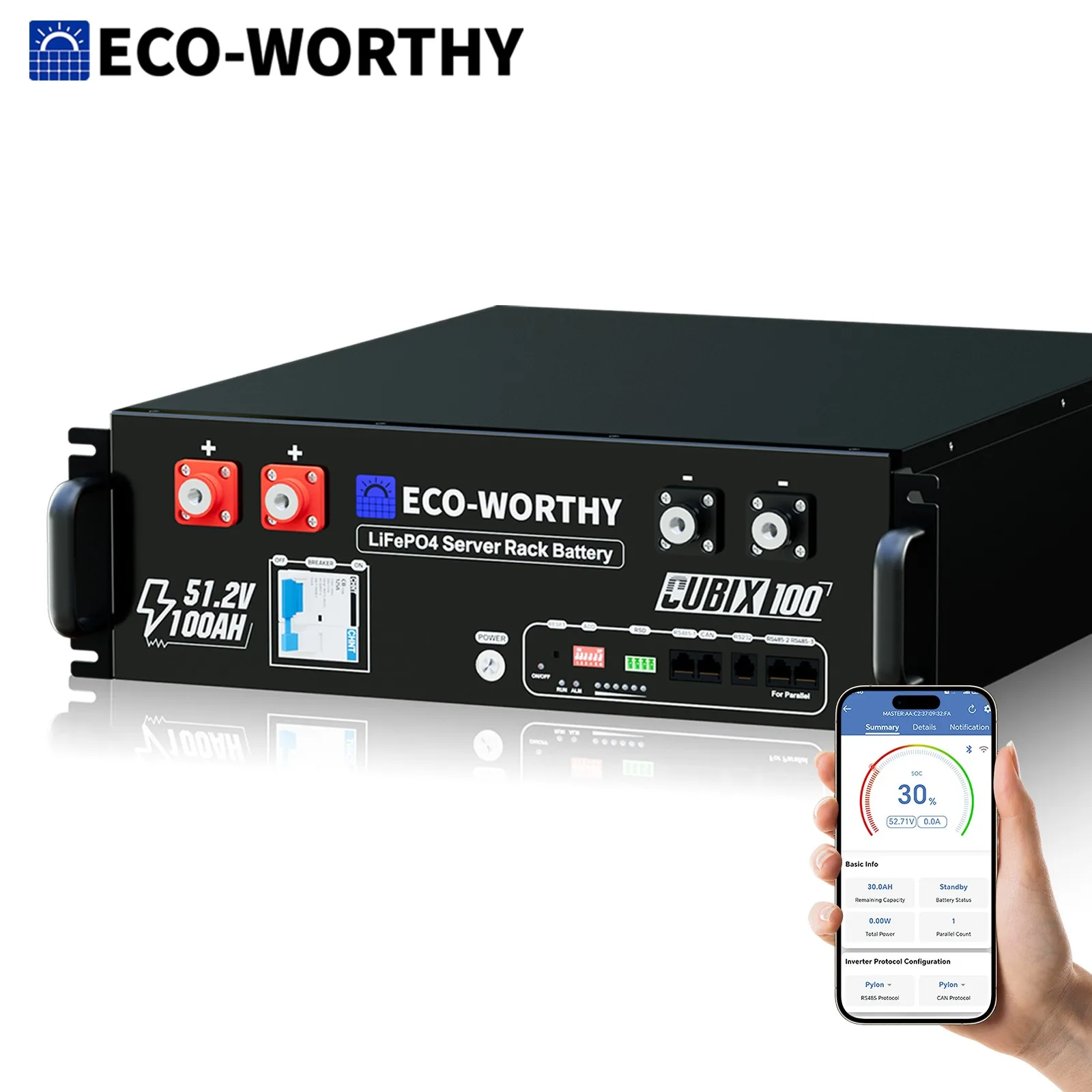 ECO-WORTHY LiFePO4 48V 100Ah V3 Bluetooth mit 100A BMS, 5,12KWh 48V Lithiumbatterie Serverschrank Solarbatterie für Solaranlage