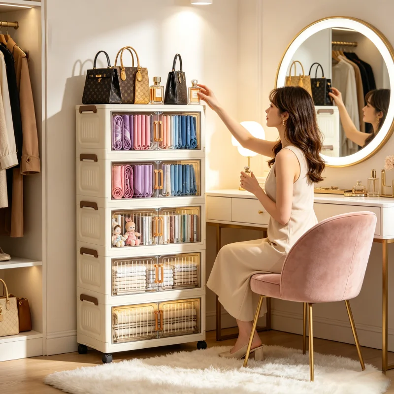 5-tier foldable stackable plastic storage cabinet, no assembly needed, with magnetic vertical transparent double doors and brown handles, foldable rolling storage box, 58cm wide, with universal wheels, perfect for organizing clothes in the bedroom, kitche