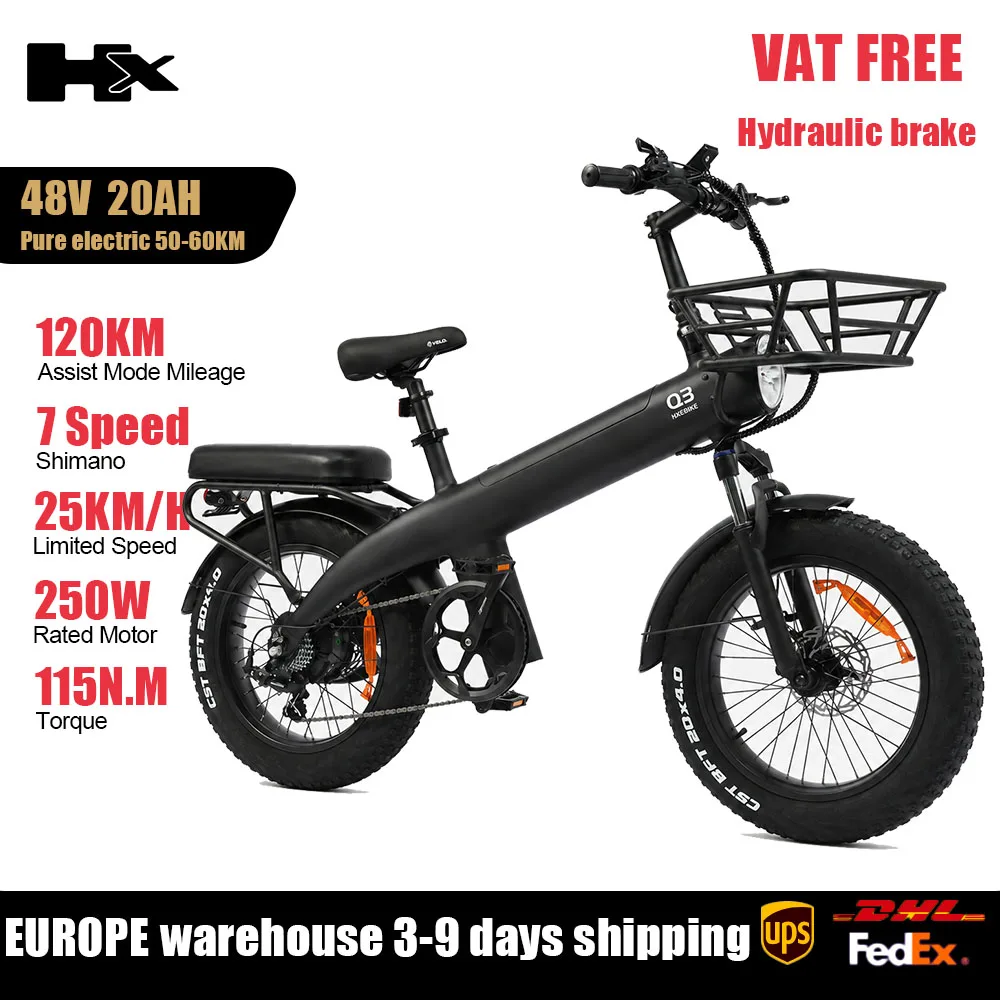 HX Q3 elektrische fiets voor volwassenen, 250W, 48V, 20Ah, 960Wh, uitneembare accu, 20×4.0 dikke banden, 115Nm hydraulische schijfremmen, 7-versnellings achterdrager, 300kg max. laadvermogen,
