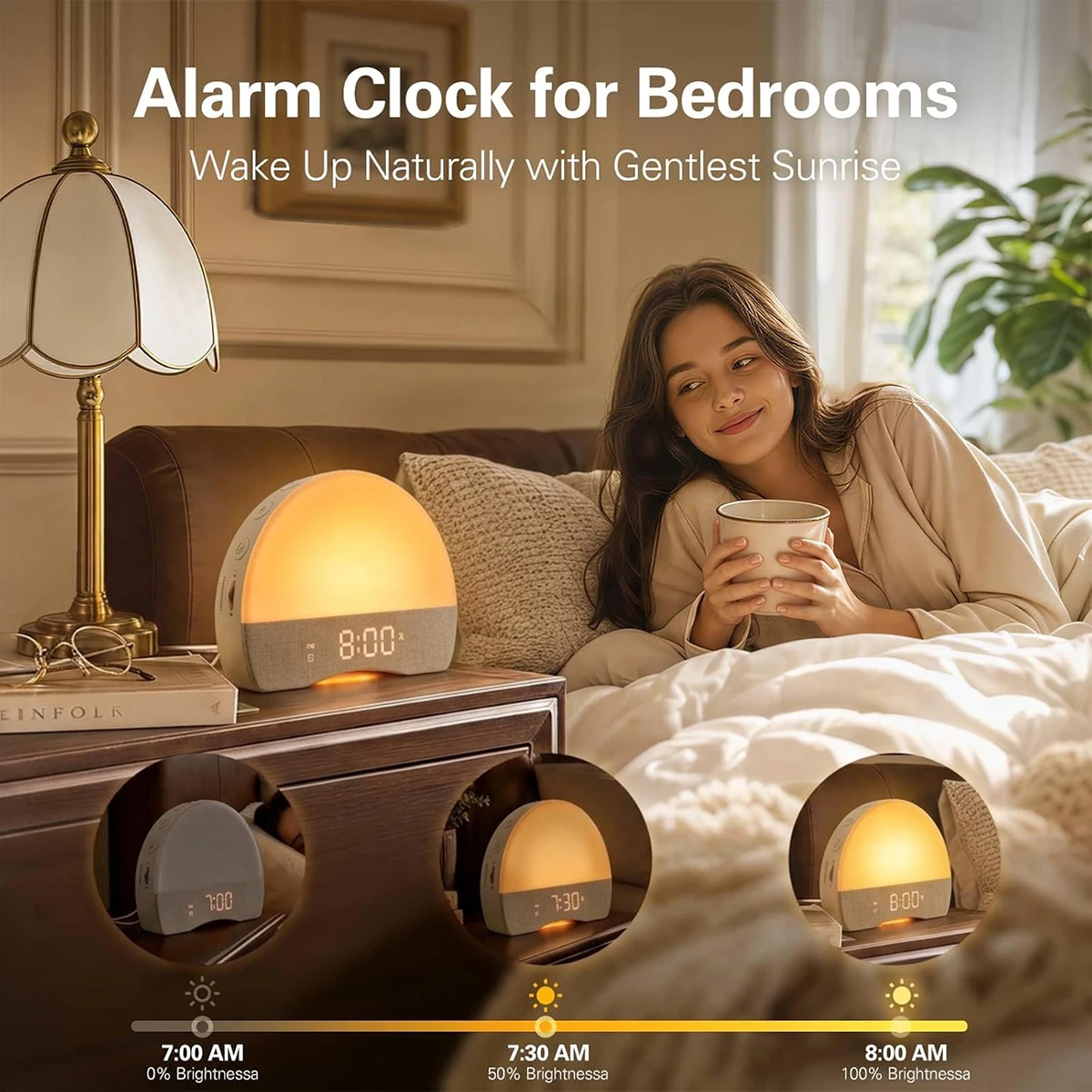 Sunrise Alarm Clock,Dimmable Night Light White Noise Machine Wake Up Light Bluetooth Speaker with 30 Soothing Sounds for Bedroom