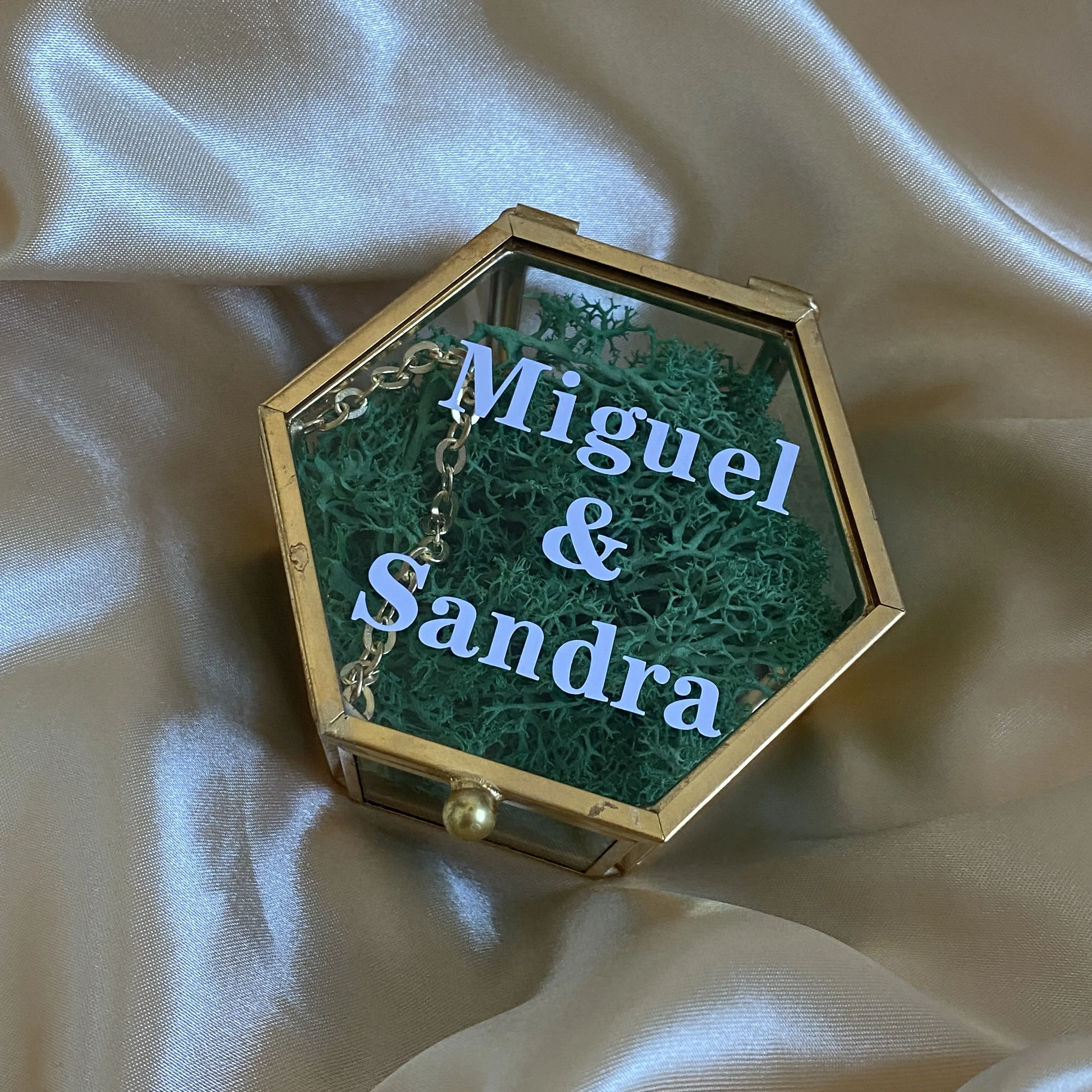 

Gold Hexagon Glass Ring Box with Moss Personalized Ring Box for Wedding Ceremony Modern Ring Holder for Engagements