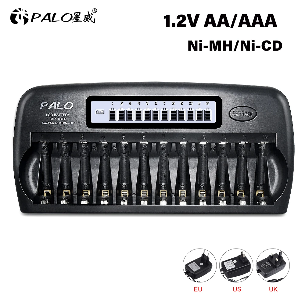 

Зарядное устройство PALO AA AAA Ni-MH Ni-CD 1.2V на 12 слотов с ЖК-дисплеем, умное зарядное устройство для аккумуляторов AA/AAA Ni-MH Ni-CD 1.2V с функциями зарядки и разрядки