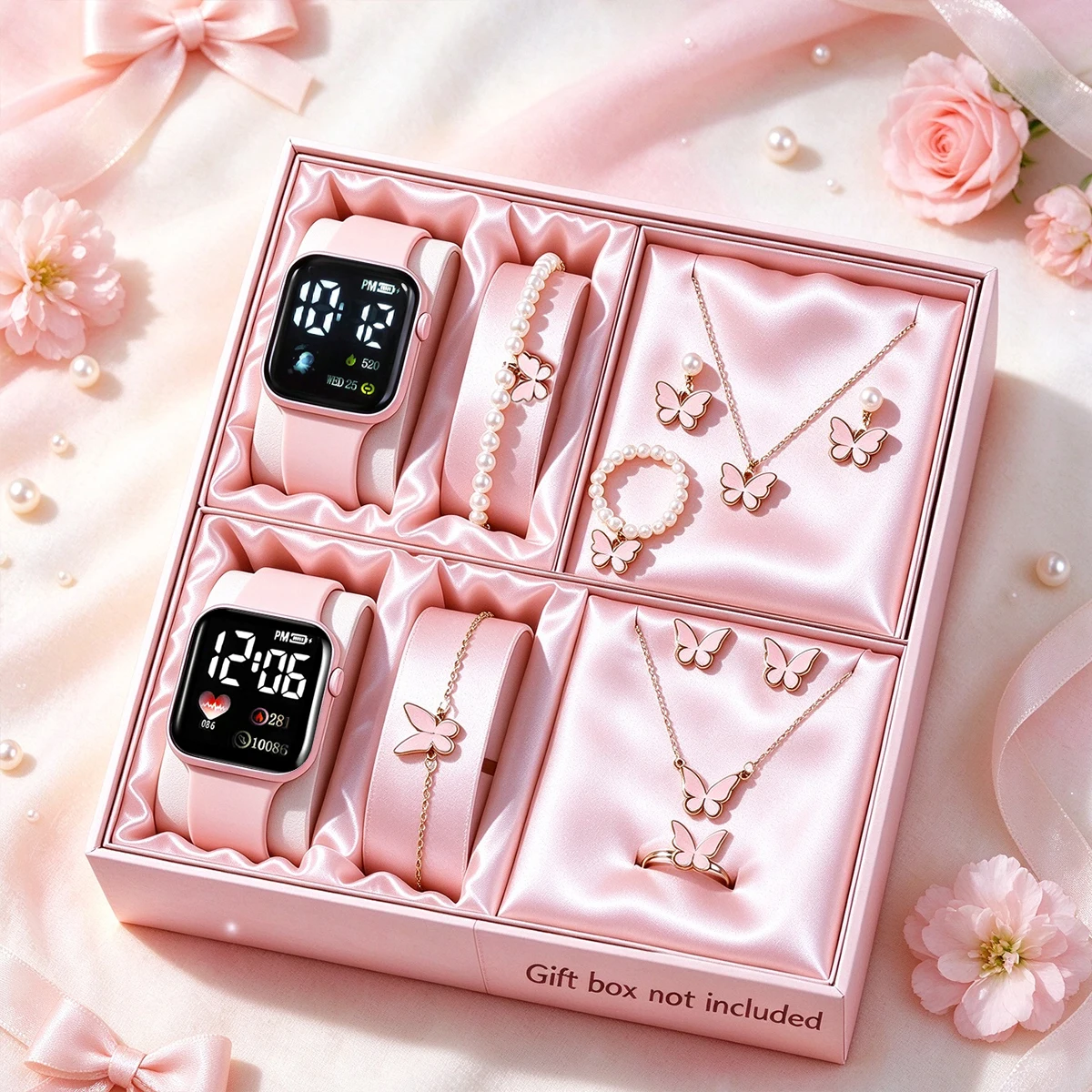 12-Piece Set, Children's Casual Cute Pink Electronic Watch with Butterfly Jewelry Set, Versatile for Daily Use, Digital Display, Square Dial, Holiday Birthday Gift.