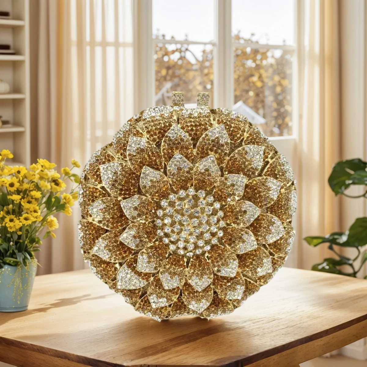 

Elegant Sunflower Rhinestone Bag for Women Shiny Crystal Floral Evening Handbag Luxury Diamond Clutch Purse for Prom Cocktail