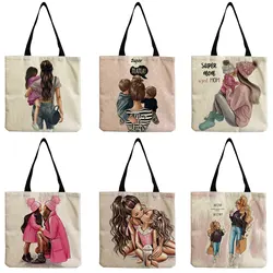 Borsa da spiaggia da viaggio personalizzabile borsa mamma e Baby Ladies Tote portatile ad alta capacità simpatico cartone animato Super Mama stampa pieghevole