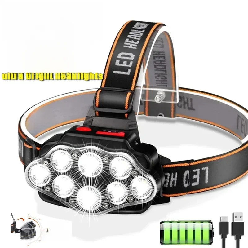 Farol recarregável usb de alto lúmen, lâmpada de cabeça brilhante com 8 faróis led, 4 modos, ipx4, à