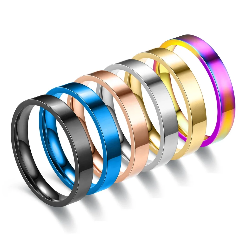 Bagues plates en acier inoxydable 4 mm, style japonais et coréen, brillantes en acier titane, bijoux pour jeunes garçons et filles, cadeau
