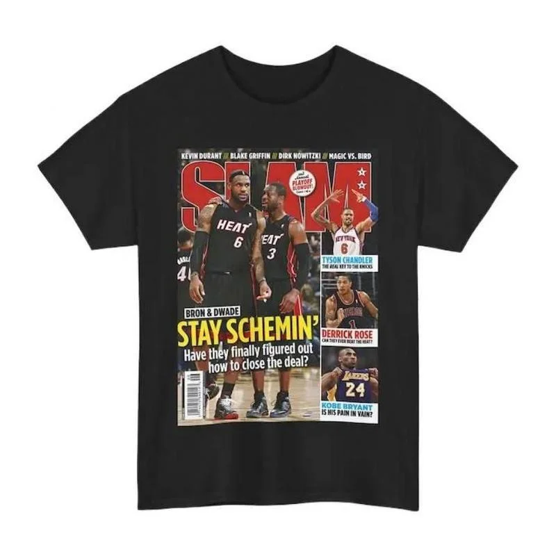 Unisex 100% Cotton Vintage Short Sleeve Round Neck Graphic Tshirt - LeBron James & Dwyane Wade SLAM Cover, Breathable Fitted Cut Casual Streetwear for Enthusiasts, Vibrant Print Sporty Sports Tops