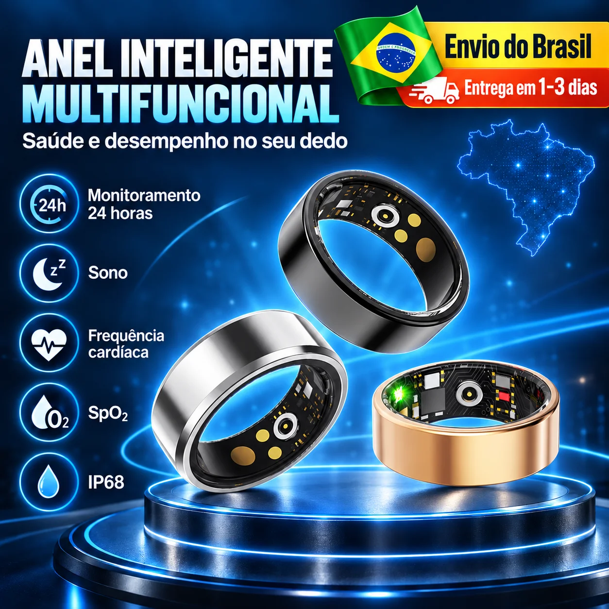 Anel Inteligente Smart Ring ZR001 Conexão Bluetooth IP68 Pressão Arterial Frequência Cardíaca Sono Modo Multiesportivo Unissex