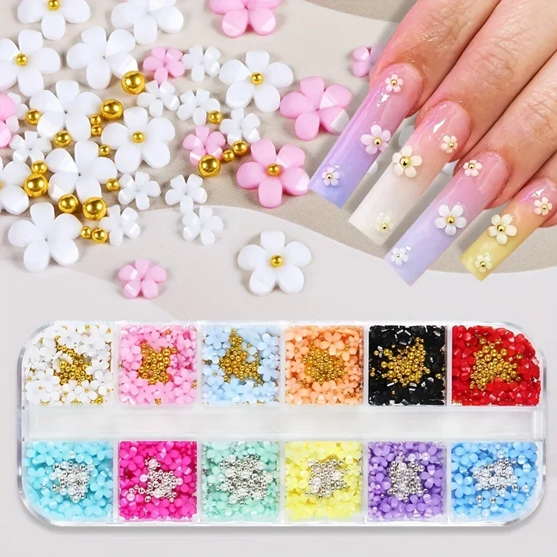 Breloques pour ongles en forme de fleur 3D, 12 grilles, accessoires multicolores avec perles de Caviar/diamant/perles pour décoration Nail Art à faire soi-même