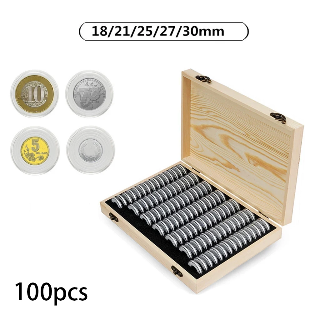 Wooden Coin Storage Box 30/50/100Pcs With Adjustable Gaskets Fit 18/21/25/27/30Mm Coins For Commemorative Coin Collection