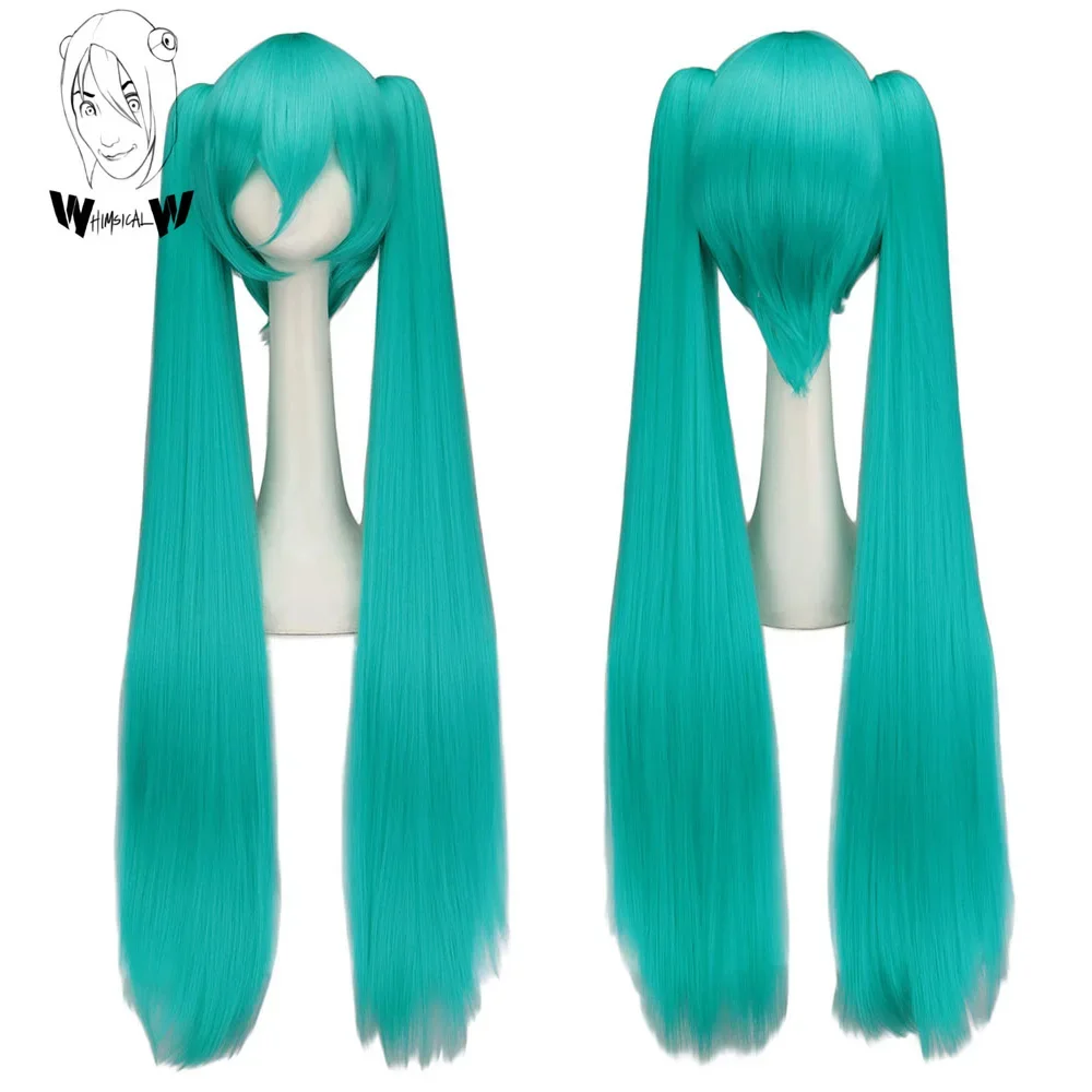 WHIMSICAL W Kunsthaar Miku Cosplay Lange Perücke Grün Hitzebeständige Partyperücken mit 2-Clip-Pferdeschwanz-Perücken