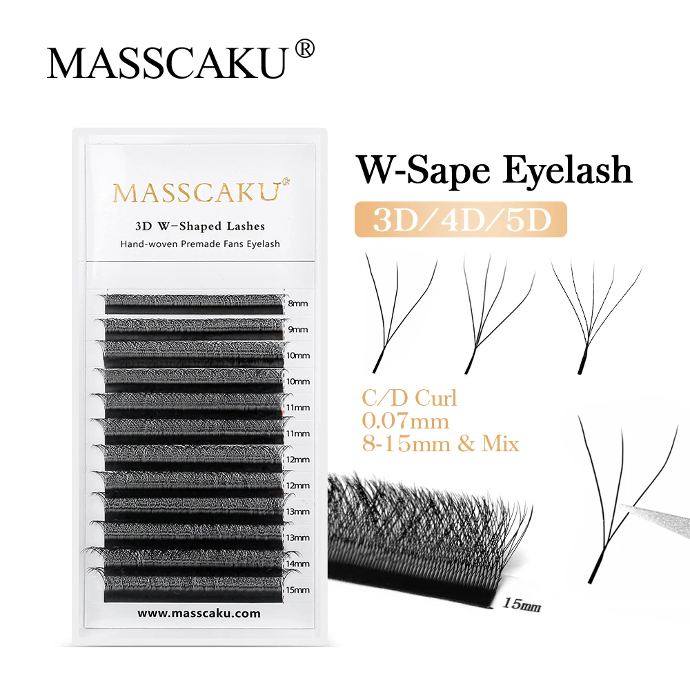 MASSCAKU 3D 4D 5D 6D Premade Fans W Shape Lashes Extensions High Quality Natural Soft Individual Full Dense Eyelashes Trays