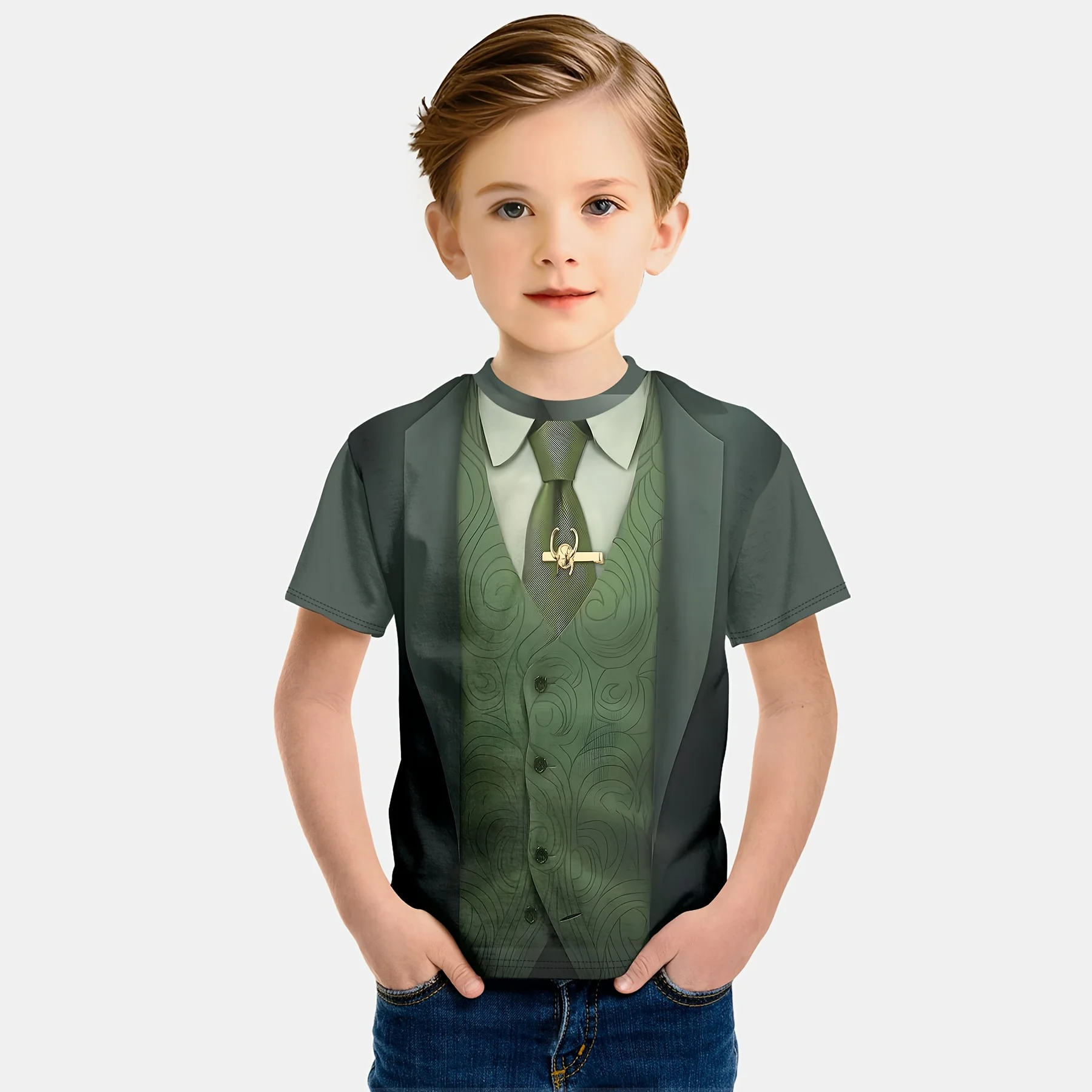 Boy Clothes 3D Print Fake Uniform Pattern Children Top Funny Graphic Short Sleeve T-Shirt Perfect Gift Idea for Boy 2 to 9 Years