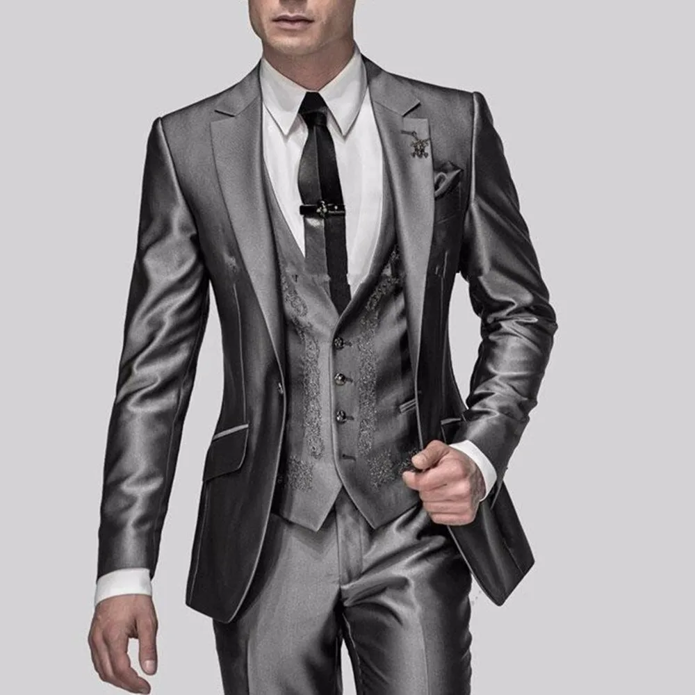 Brilhante cinza masculino ternos com bordados padrinhos noivo smoking casamento melhor blazer define 3 peças (jaqueta + calças + colete) traje homme