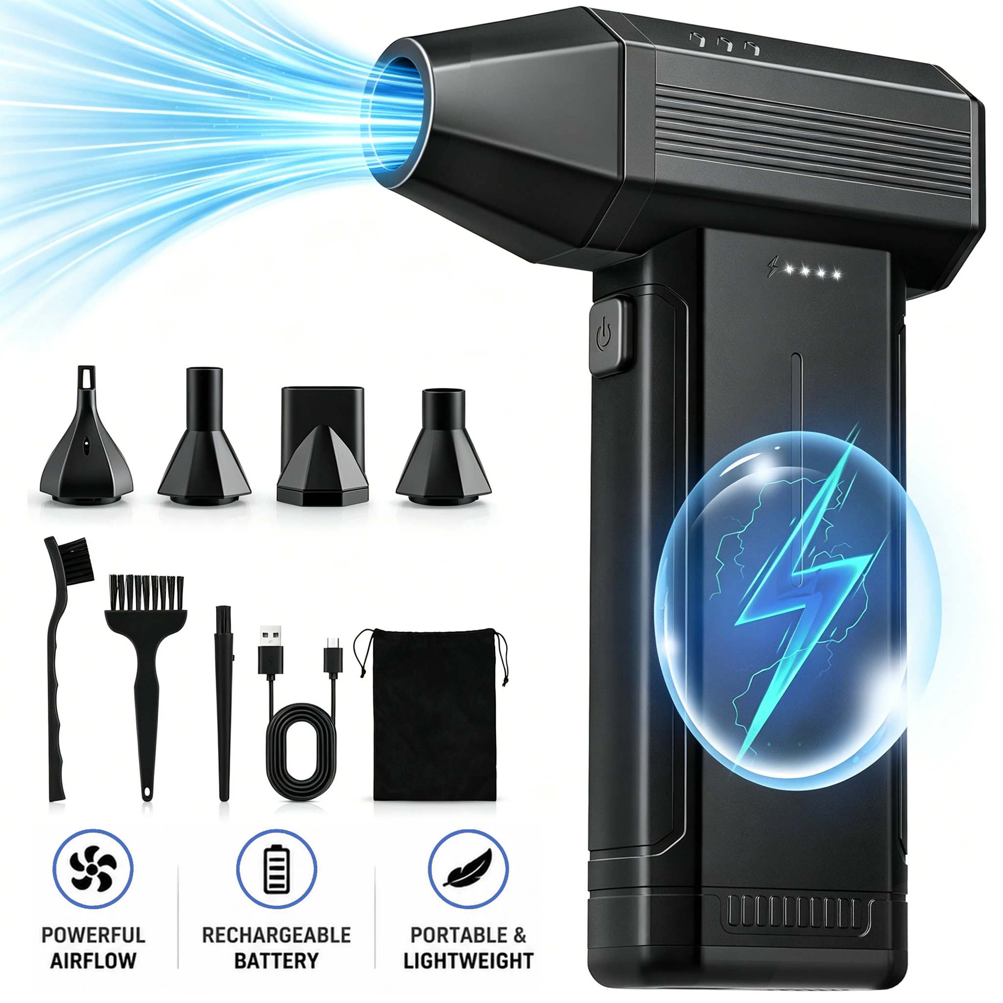 Ventilateur Turbo Jet Sans Brosse 150000 TR / Min Plumeau d'Air Sans Fil Portable Souffleur d'Air Électrique Haute Pression Rechargeable à 3 Vitesses 4000 Mah USB-C Charge Rapide pour le Nettoyage du Clavier de Voiture PC