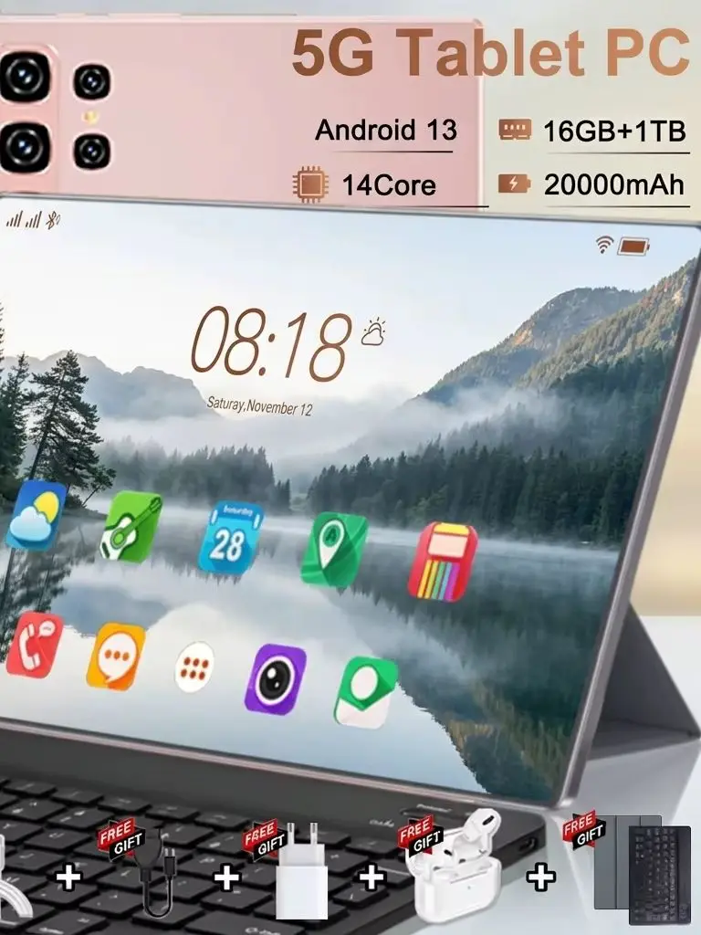 Tablet 5G z baterią 20000 mAh, ekranem 10,36 cala, systemem Android, Wi-Fi, podwójną kamerą 16+32 MP, obsługą dwóch kart SIM, 16 GB pamięci RAM, 1 TB pamięci ROM, systemem Android 13, 14-rdzeniowym — 2