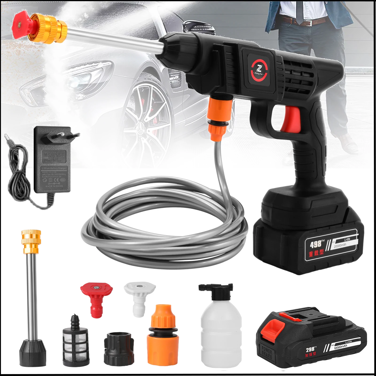 2000W Electric High Pressure Wash Rechargeable Car Wash Gun Cordless Electric Water Gun Foam Machine for 21V Battery