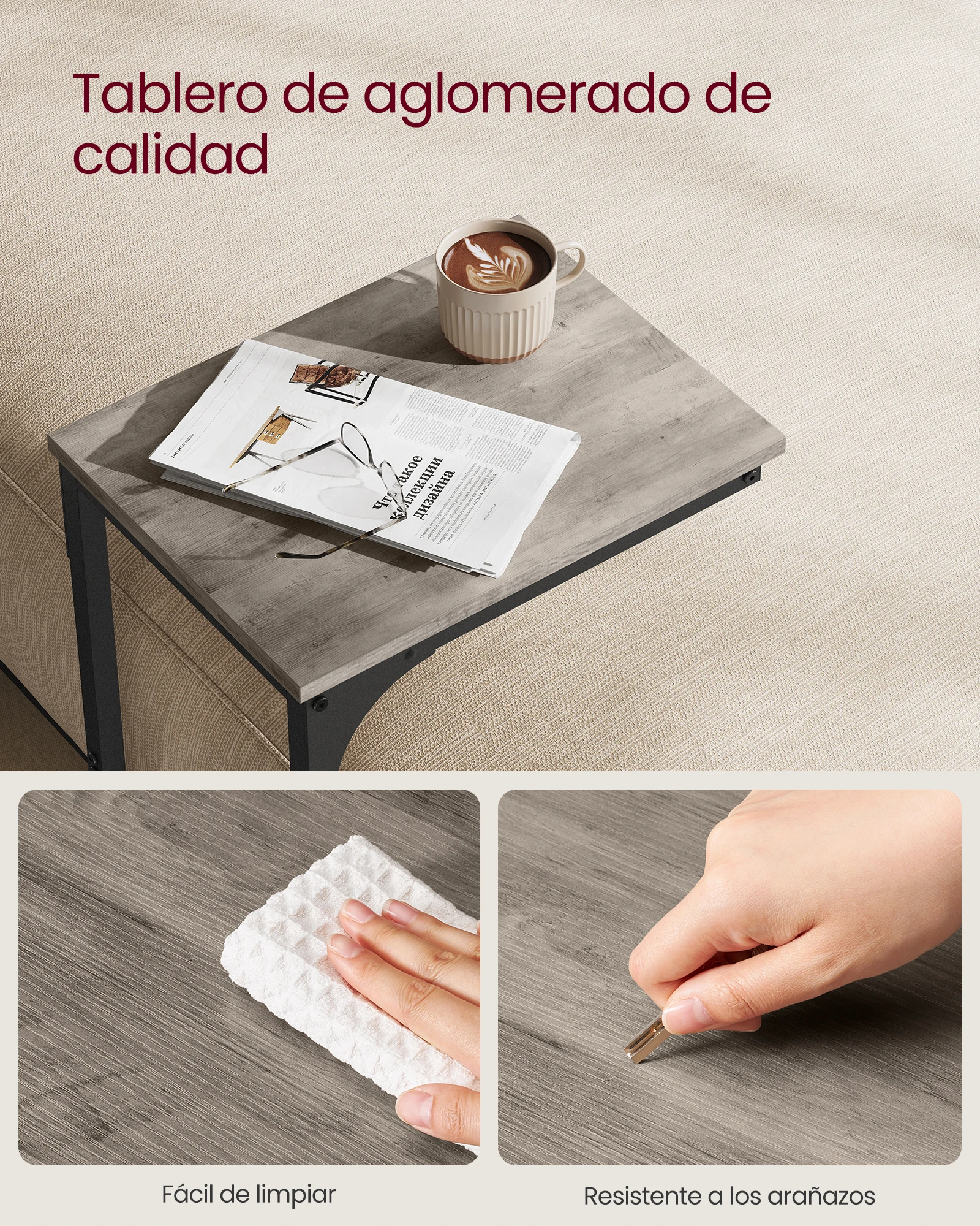 طاولة أريكة على شكل حرف C، طاولة جانبية، طراز صناعي بإطار معدني، لغرفة المعيشة وغرفة النوم، رمادي وأسود #4