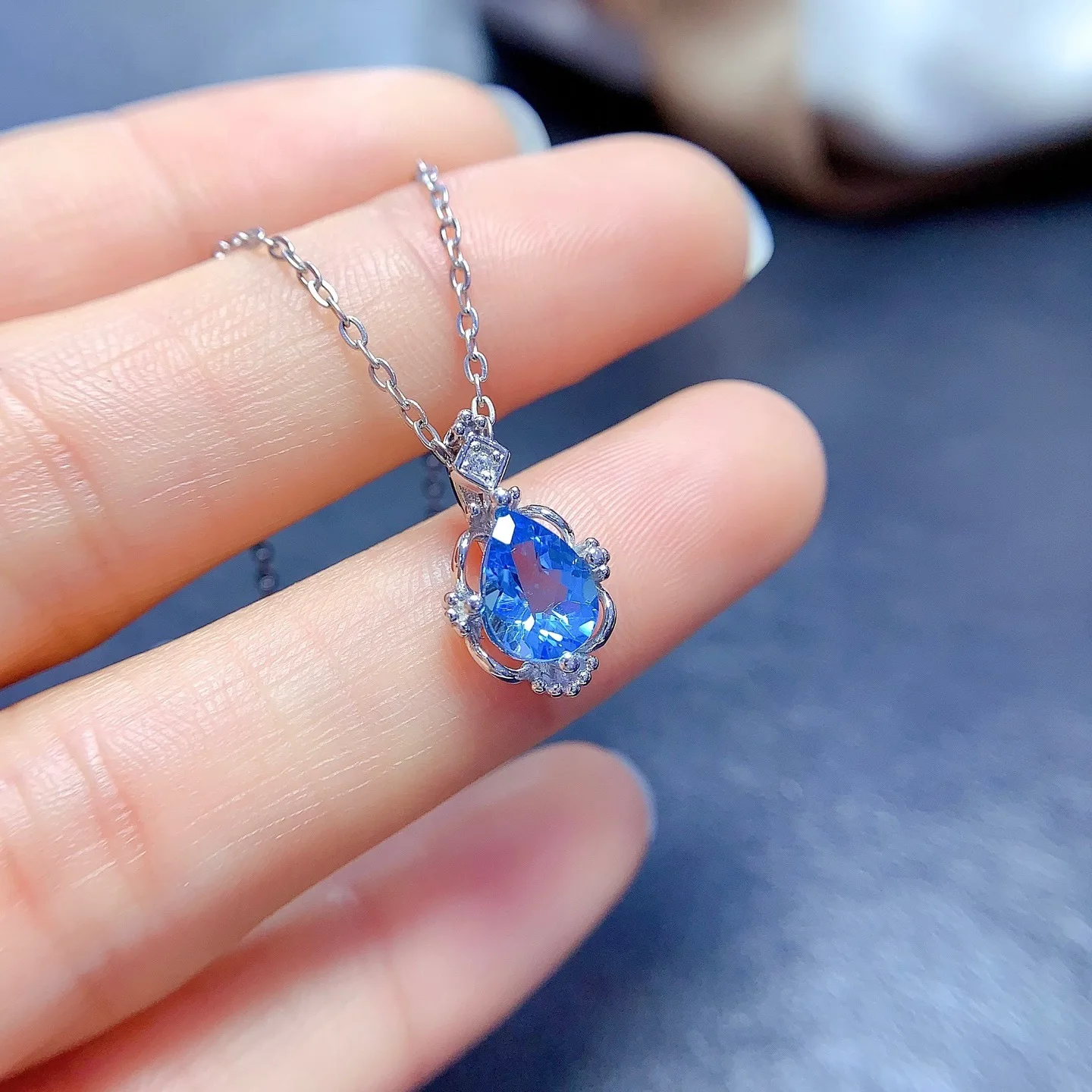 Girls' Jewelry 6x8mm Natural Blue Topaz Necklace Pendant 925 Pure Silver Plated 18K White Gold Clearance Sale Gift for Girlfrien