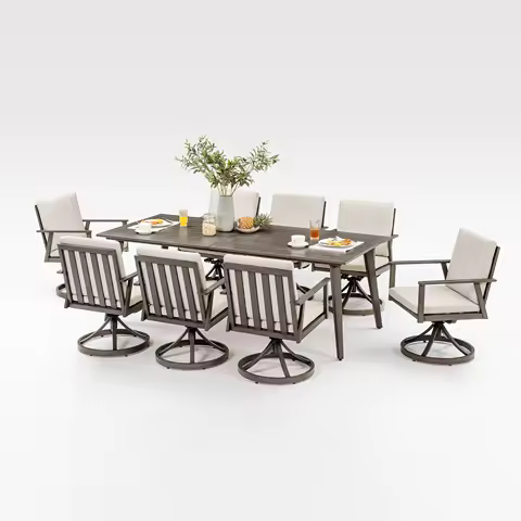 SeeHill 9-Piece Patio Swivel Dining Set, Aluminum Table with 8 Swivel Chairs, Limed Oak Outdoor Furniture for Deck, Garden